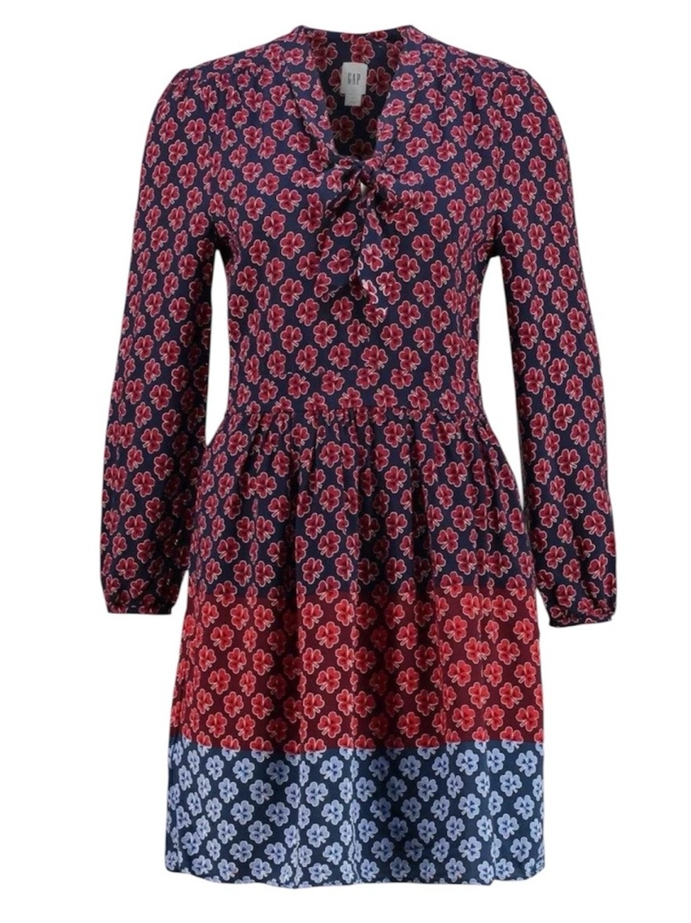 GAP Floral Navy Red Sz 12 Mini Dress Long Sleeve Tie Neck Boho Chic Cottagecore
